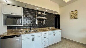 Eine moderne Küche mit integriertem Mikrowellenherd, Edelstahlspüle und einer Arbeitsplatte aus Granit.