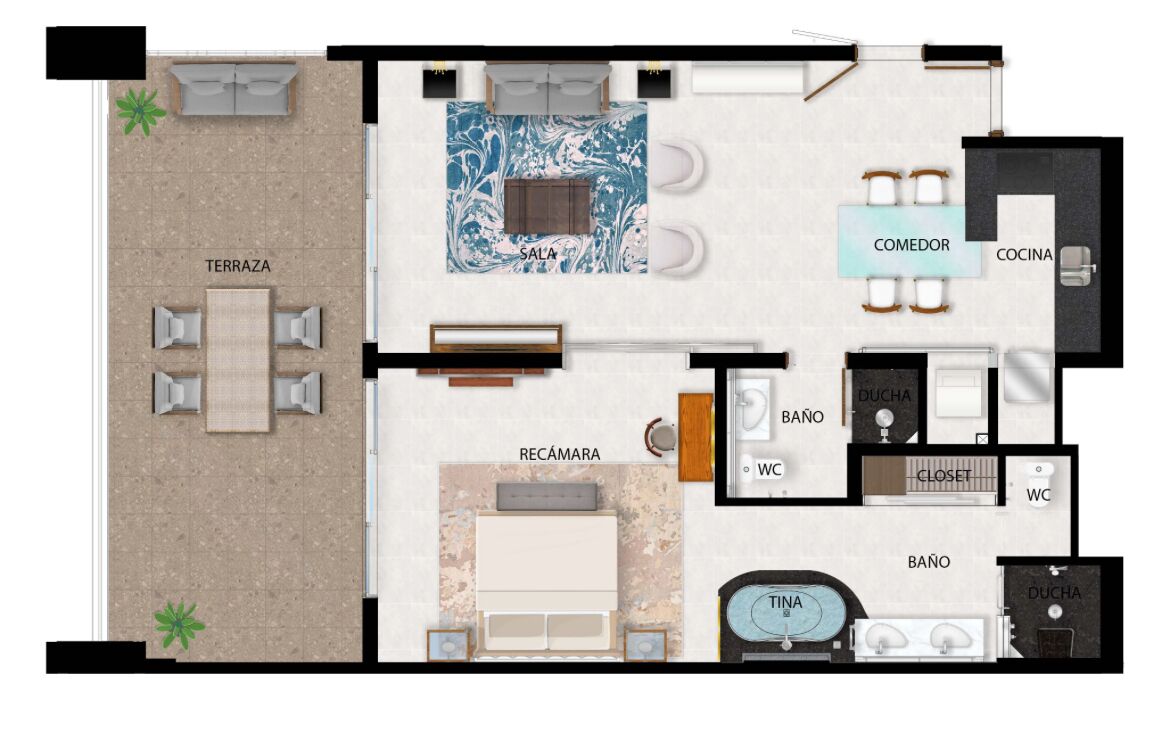 A hotel layout with a terrace, living room, dining area, kitchen, two bathrooms, and a WC.