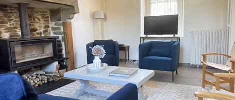 Fernseher, Kamin, DVD-Player, Bücher