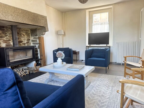 TV, fireplace, DVD player, books