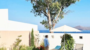 A swimming pool with a red handrail, surrounded by plants and two lounge chairs.