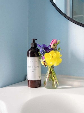 Regadera, secadora de cabello, toallas, shampoo