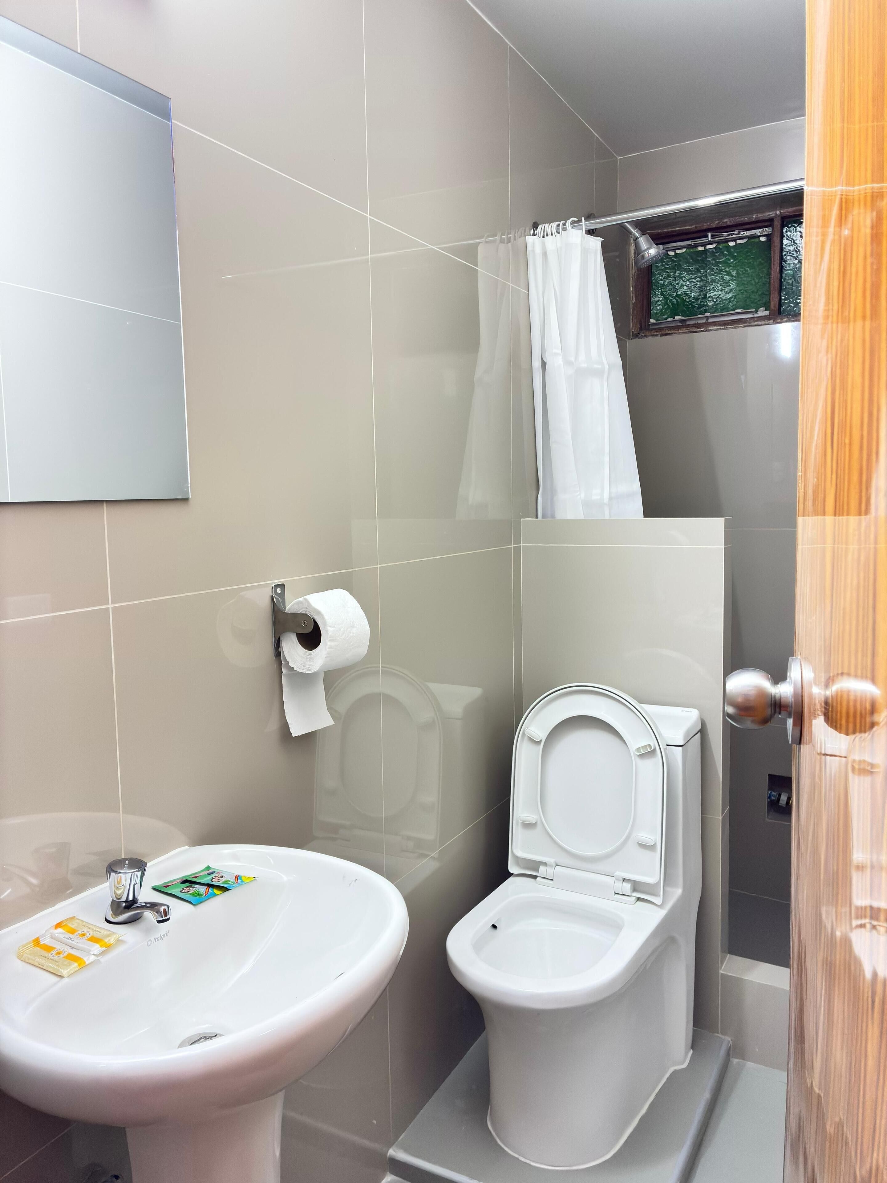 Une salle de bain équipée d’un lavabo, de toilettes et d’un rideau de douche.