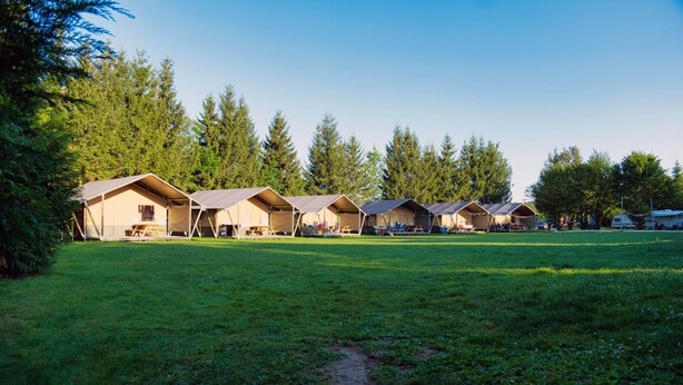 A row of simple, single-story cabins with pitched roofs, surrounded by a grassy field and dense trees. - Camping 2000 - Sahara tent XXL (Osecná)