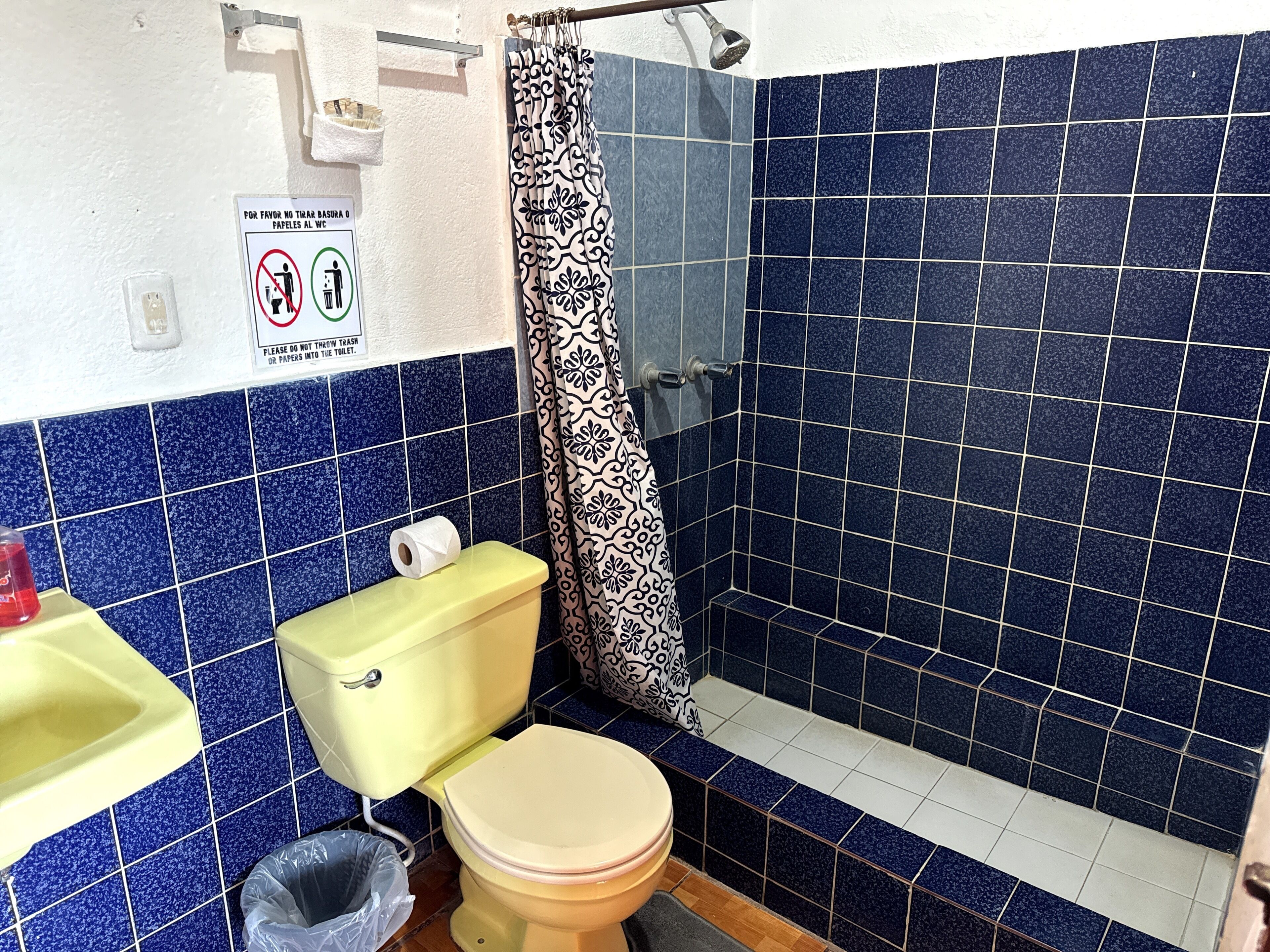 Een badkamer met een toilet, een douche en een wastafel.