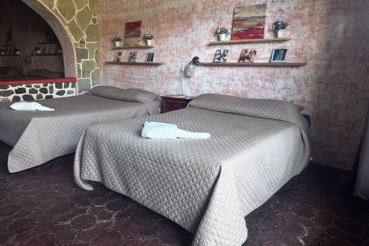 Een kamer met twee bedden, een stenen muur en kunstwerken op planken.