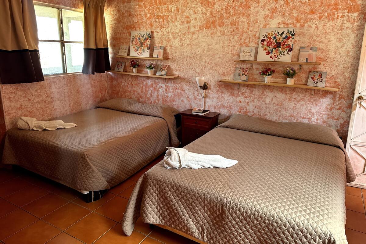Een kamer met twee bedden, een raam met gordijnen en planken met decoratieve spullen.