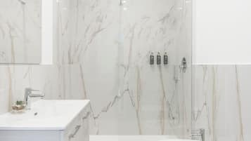 Shower, eco-friendly toiletries, hair dryer, slippers