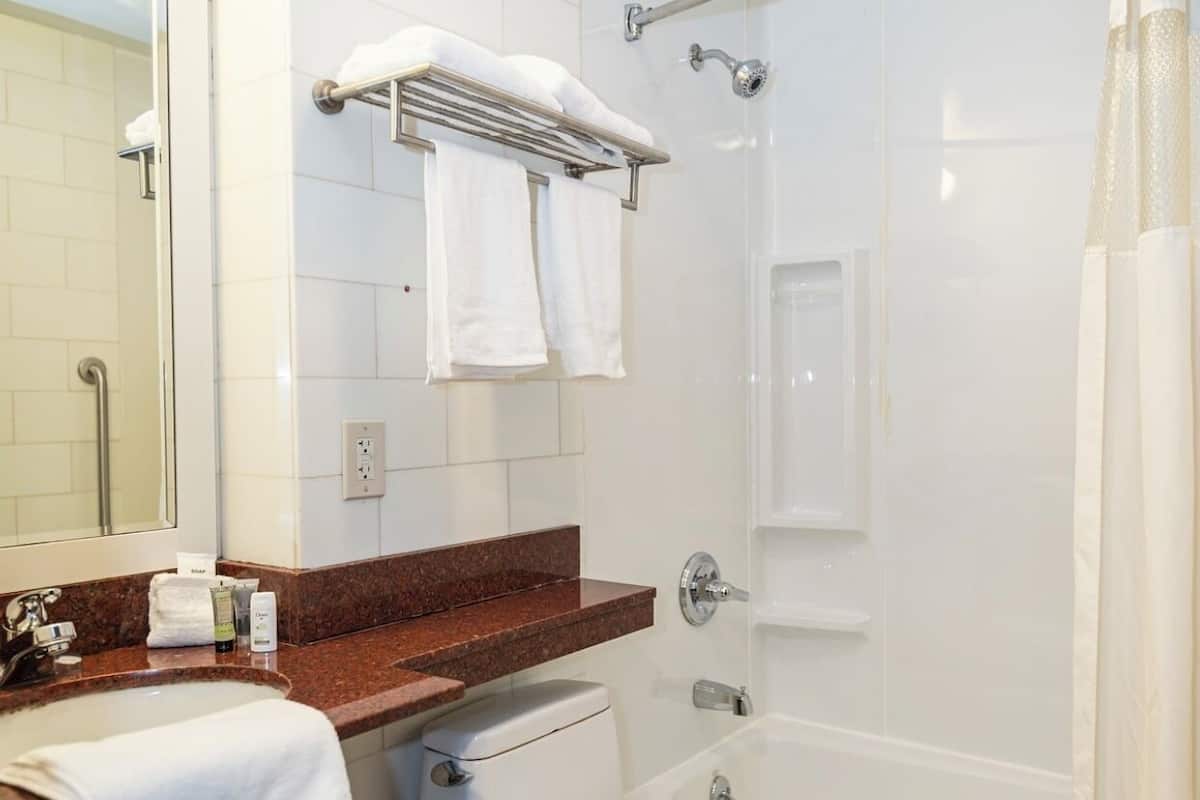 Habitación Deluxe, 1 cama de matrimonio grande | Baño | Ducha y bañera combinadas y artículos de higiene personal gratuitos