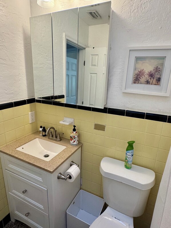 Un baño con lavamanos, inodoro y espejo sobre el lavamanos.
