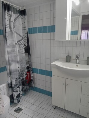 Hair dryer, towels, soap, toilet paper