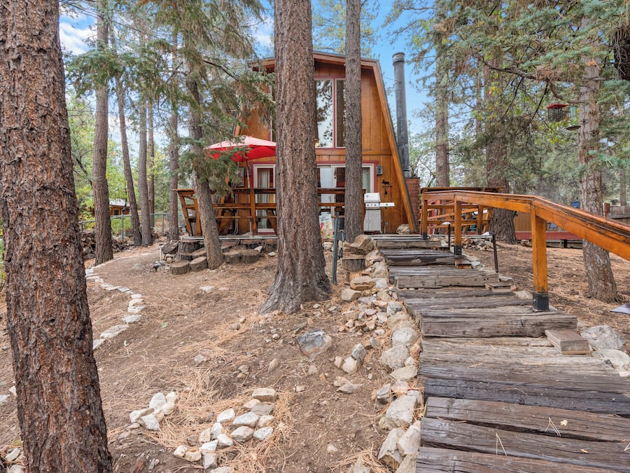 A rustic cabin with a wooden deck and a red umbrella, surrounded by tall pine trees.