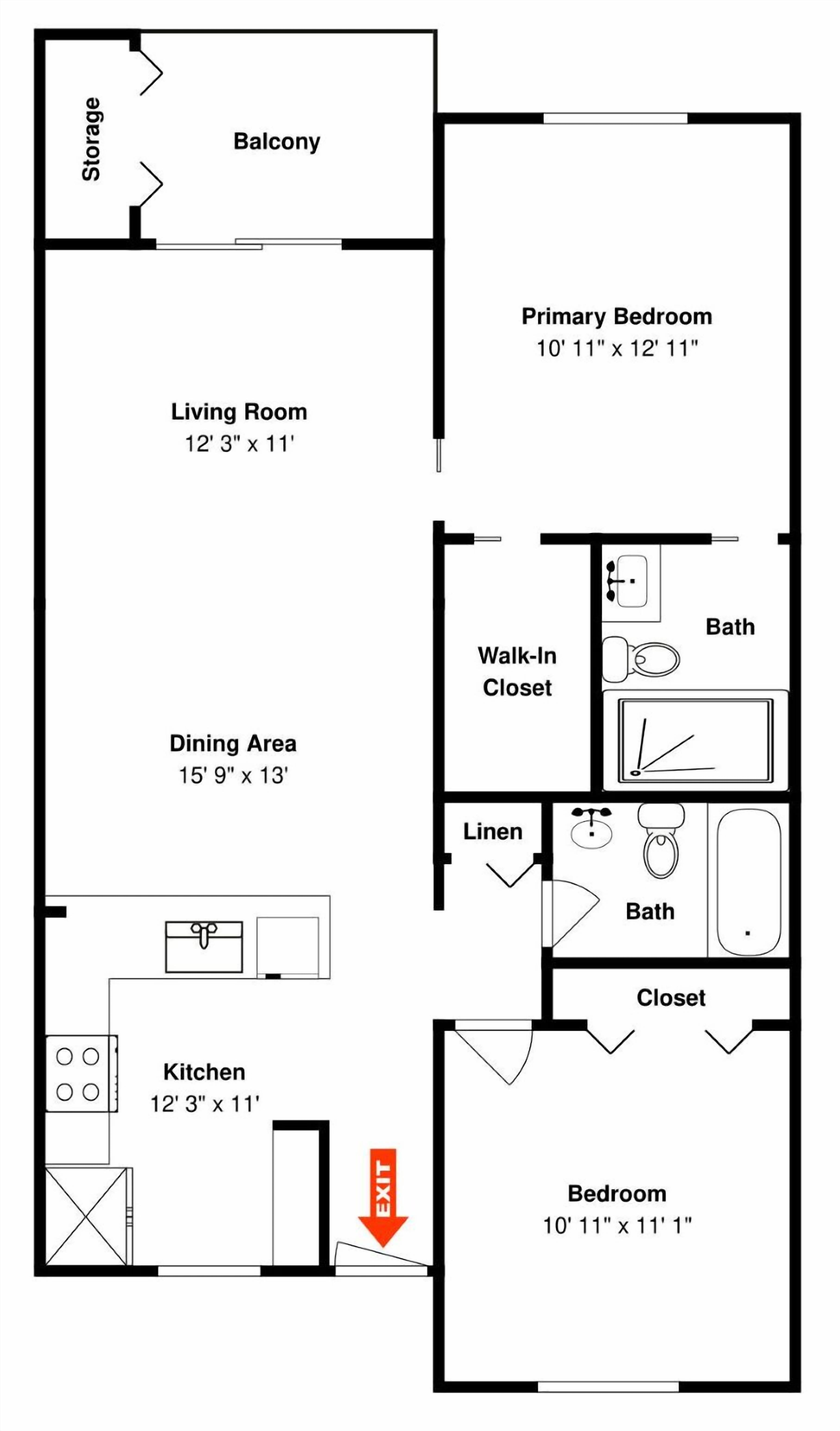 A floor plan with a living room, dining area, kitchen, primary bedroom, walk-in closet, and storage.