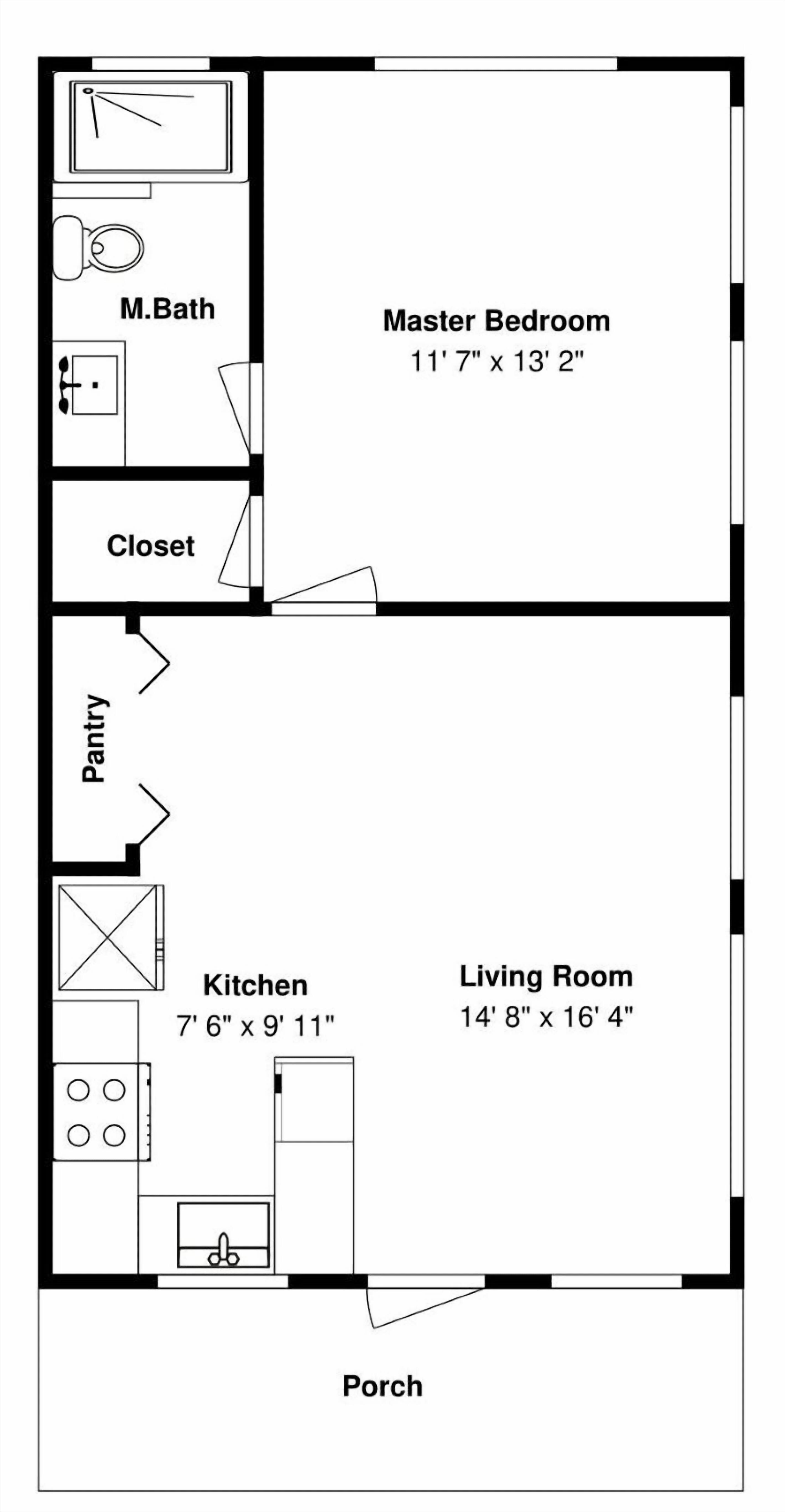Ein Grundriss mit Schlafzimmer, Wohnzimmer, Küche, Vorratsraum und Badezimmer.
