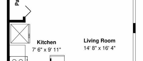 Ein Grundriss mit Schlafzimmer, Wohnzimmer, Küche, Vorratsraum und Badezimmer.