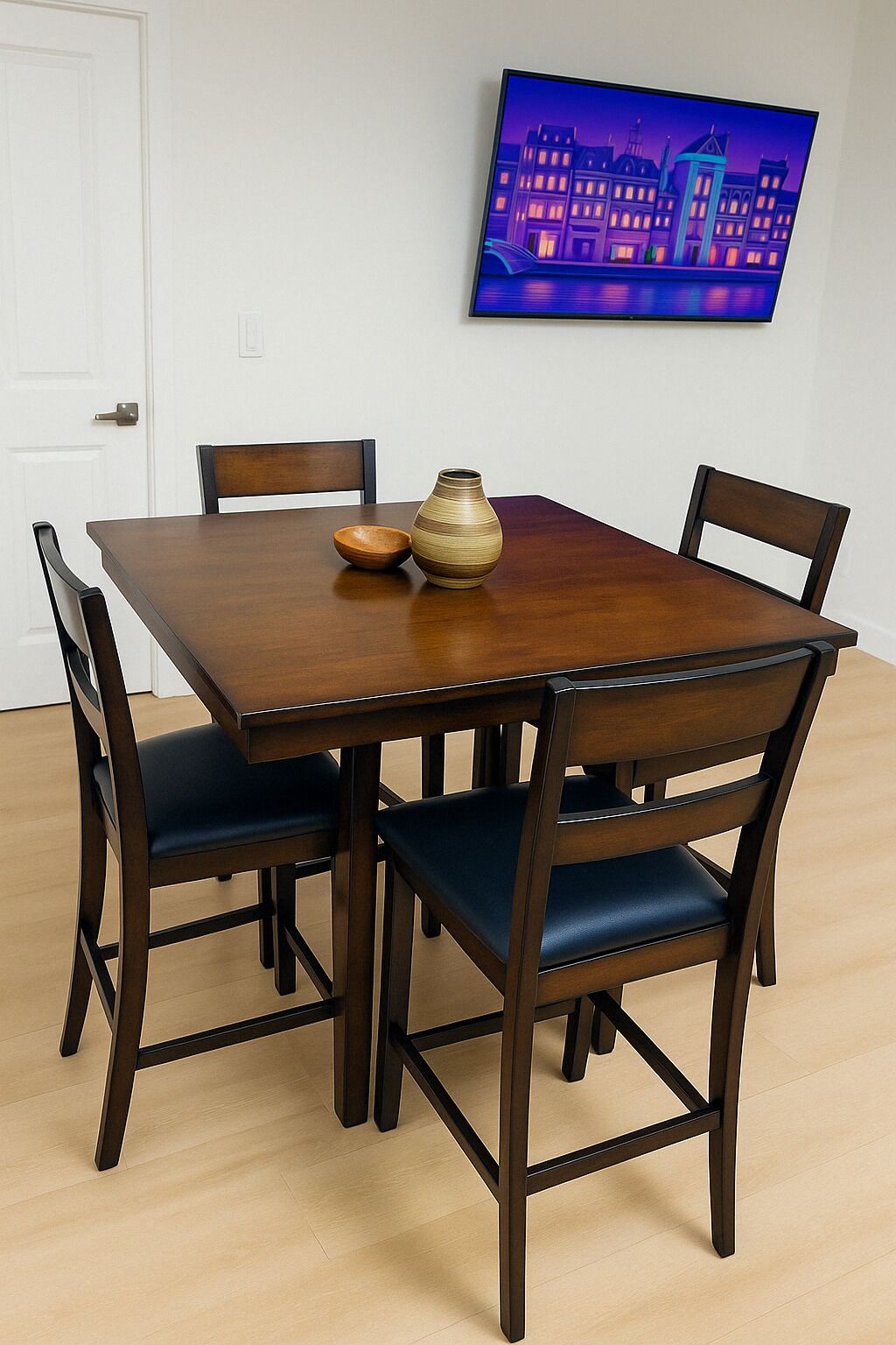 A dining table with four chairs, a vase, and a bowl.