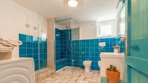 Et badeværelse med brusekabine i glas, et hvidt toilet og blå fliser på væggen.