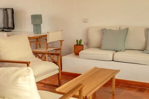 Een woonkamer met een bank, een houten stoel, een kleine tafel, een televisie en een cactussplant.