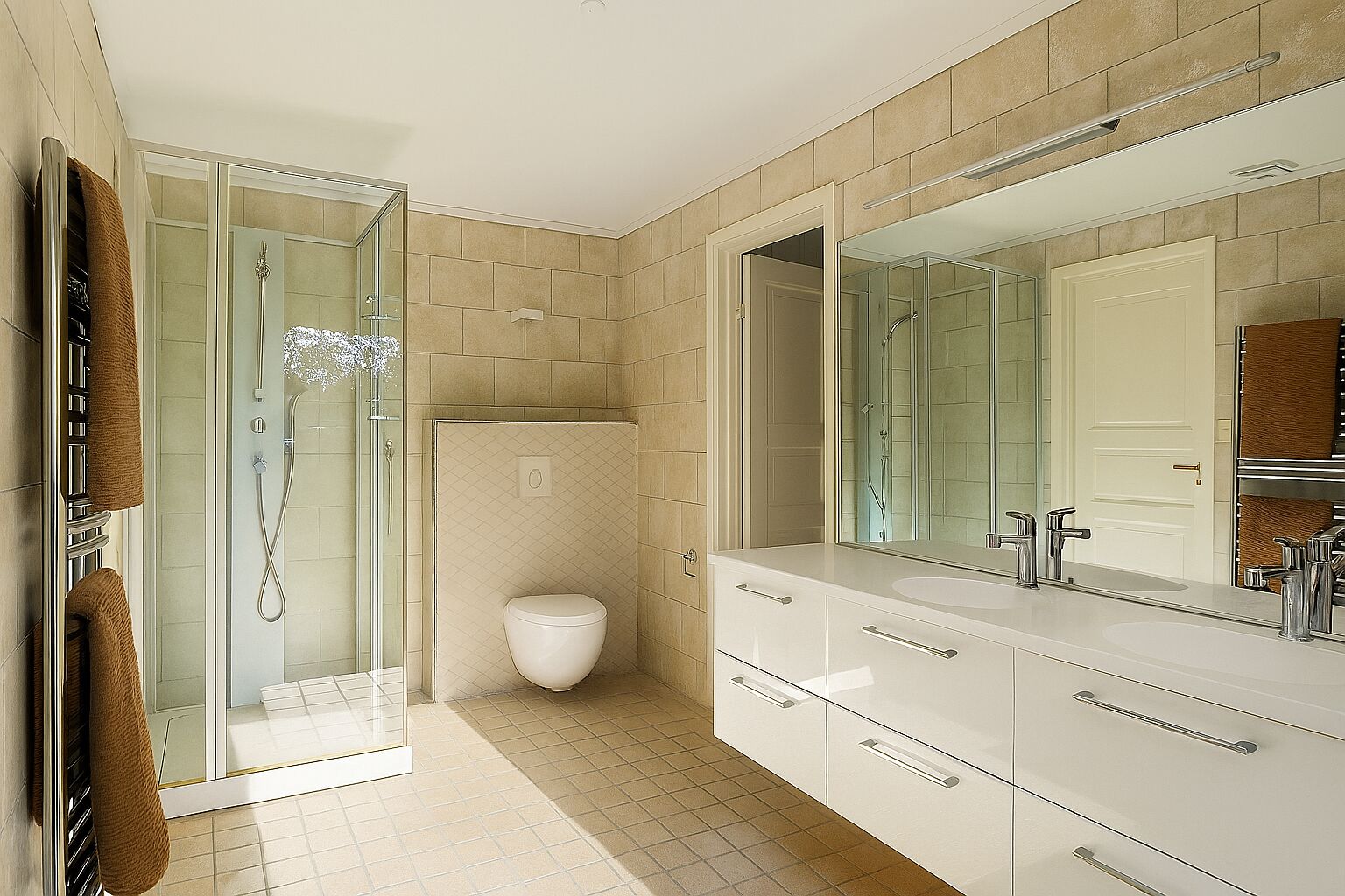 A modern bathroom with a glass shower enclosure, a white toilet, and a vanity with a large mirror.