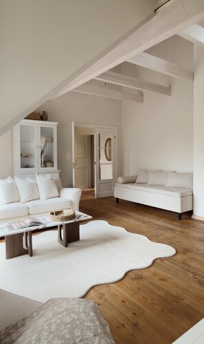 Smart TV, fireplace, books, stereo