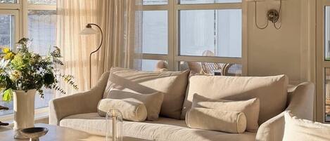 Smart TV, lareira, livros, aparelho de som