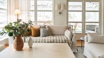 Smart TV, fireplace, books, stereo