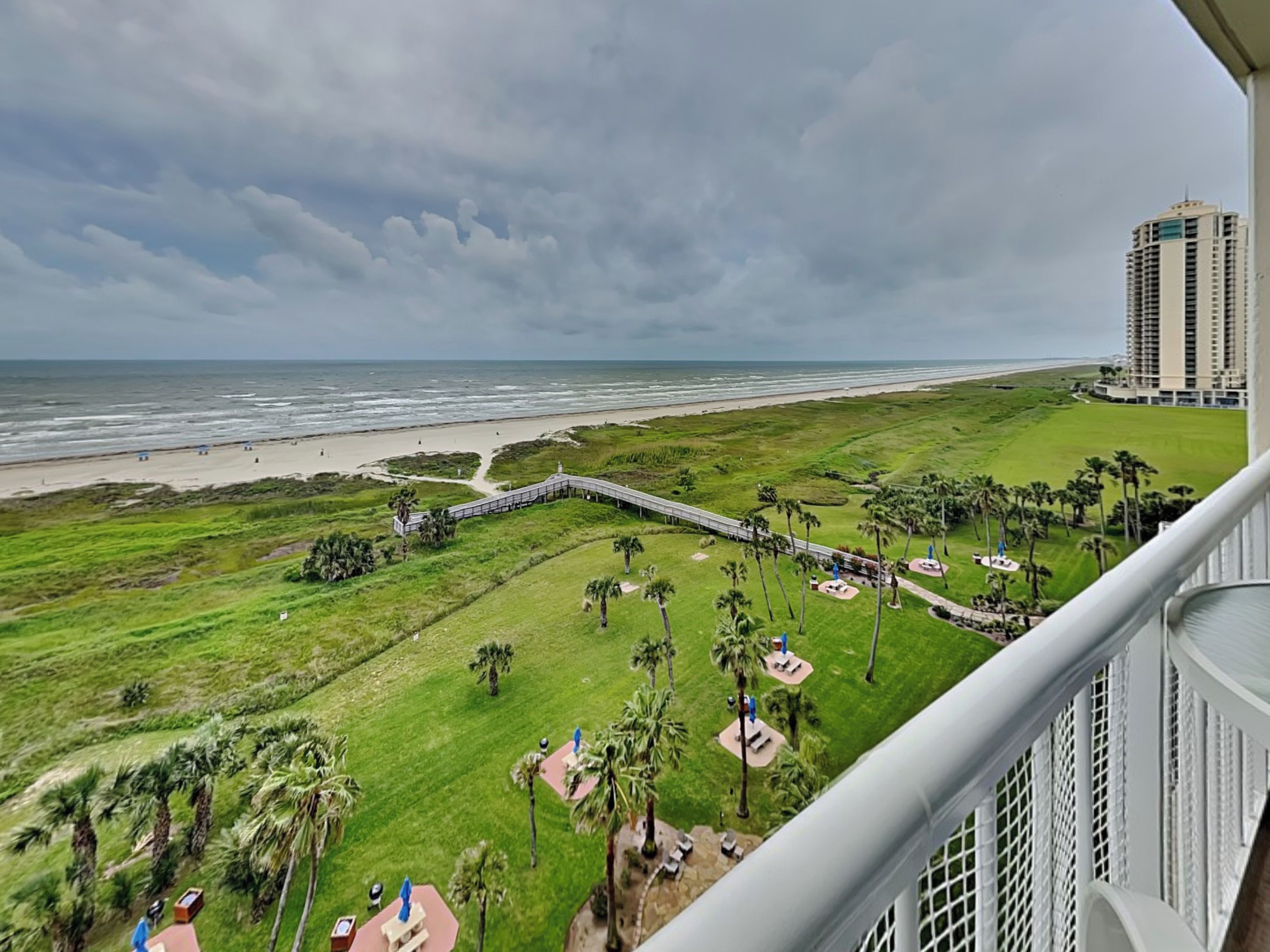 A coastal view from a balcony overlooking a beach, a grassy area with palm trees, and a distant high-rise building.