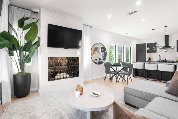 Smart TV, fireplace, computer monitors