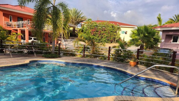 A swimming pool with a wooden deck, surrounded by palm trees and a building with a red roof. - Charming 2-bedroom resort apartement with AC, WiFi in beautiful Willemstad (Willemstad)