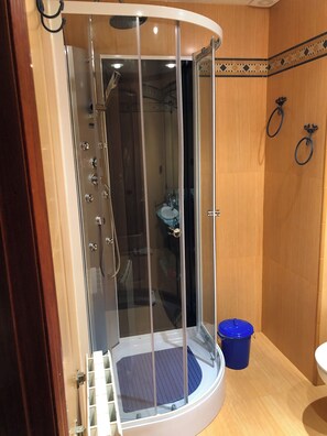 Shower, jetted tub, hair dryer, bidet