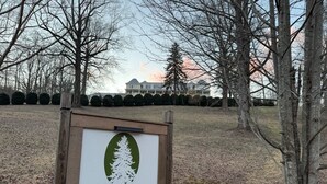 Señal para Balsam Mountain Inn con el logo de una montaña y un pino.