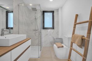 Shower, hair dryer, towels