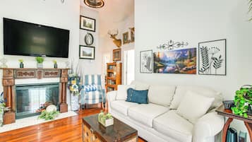 TV, fireplace, DVD player, books