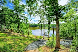 A natural landscape with a lake, trees, and a small dock. - Lakefront Lake Anna, Dock, Views, Deck, Movies (Mineral)