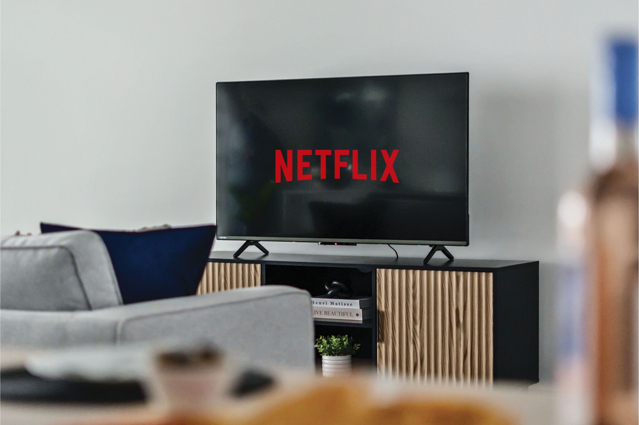 Un saló modern amb un televisor de pantalla plana sobre un suport de fusta que mostra el logo de Netflix.