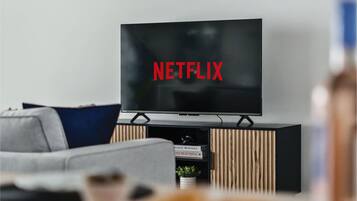 Un saló modern amb un televisor de pantalla plana sobre un suport de fusta que mostra el logo de Netflix.