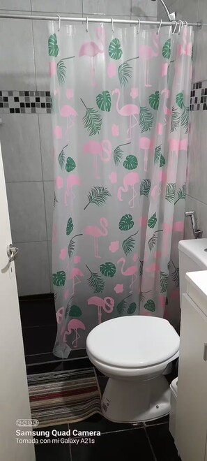 Regadera, toallas, jabón, papel de baño 