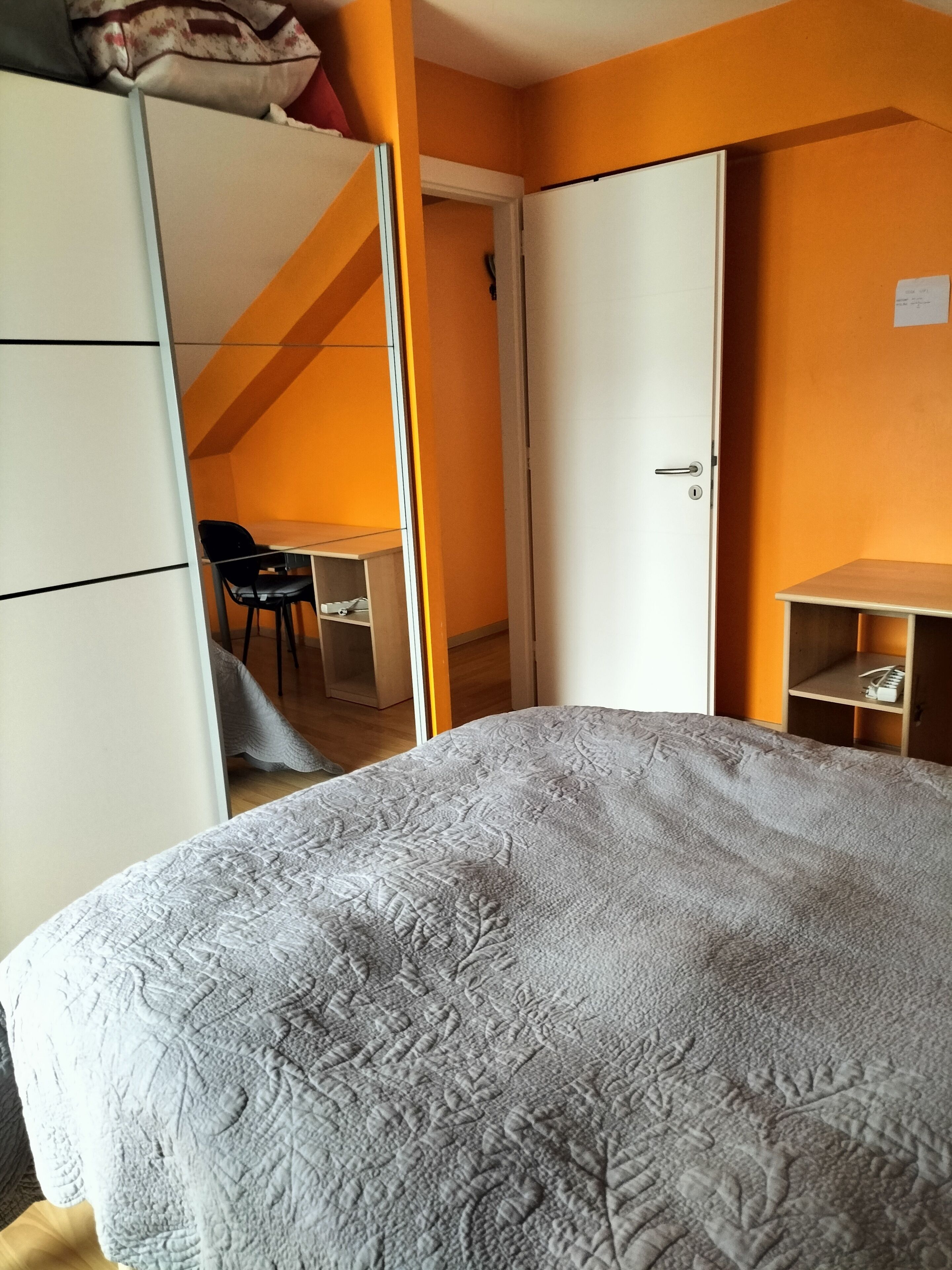 A bedroom with a bed, a wardrobe, a desk, and a chair.