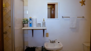 Een badkamer met douche, wastafel en toilet. Er is een plank met toiletartikelen en een ster decoratie aan de muur.