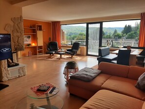 Smart TV, fireplace, table football, books