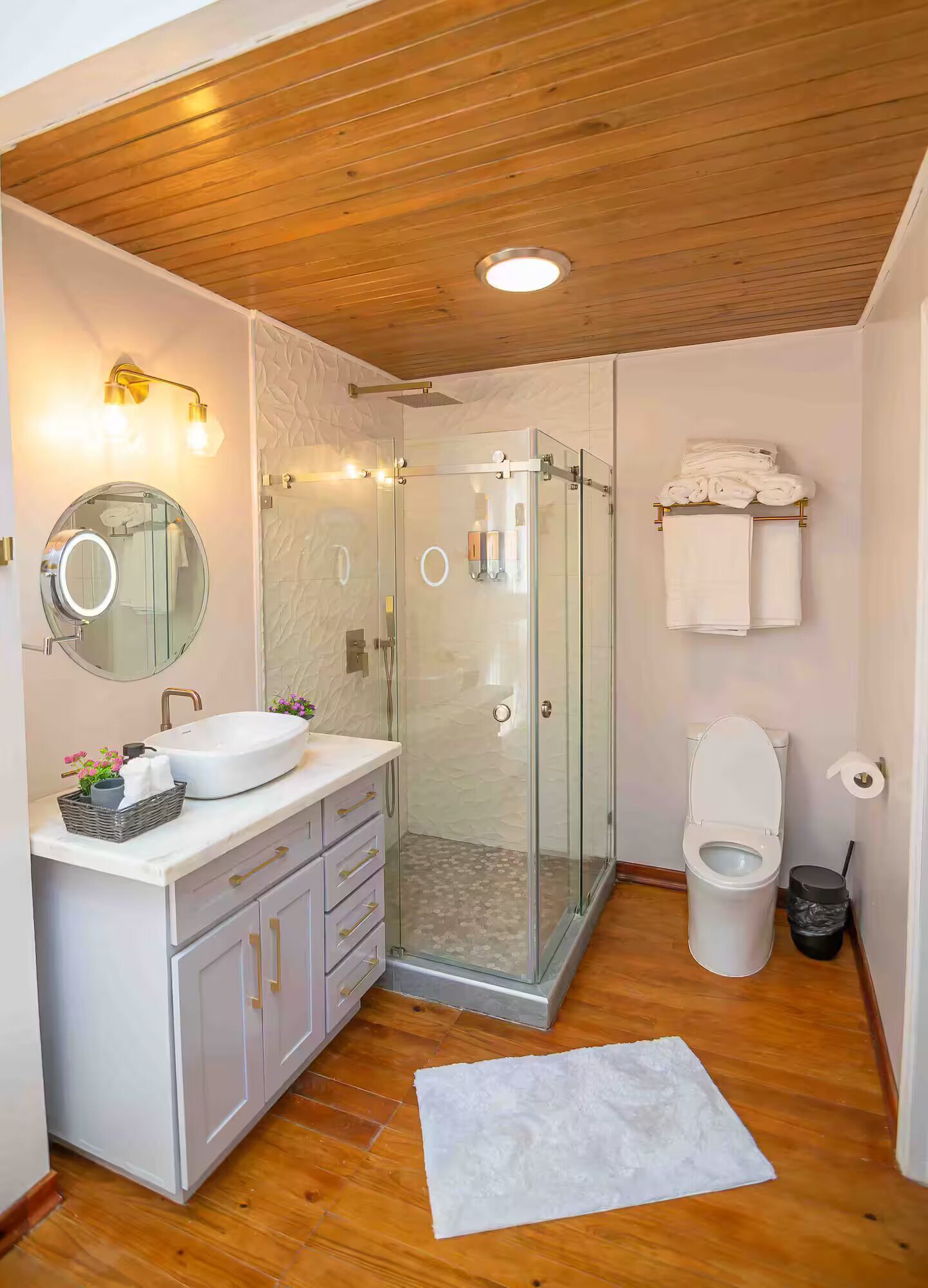 Une salle de bain moderne avec une douche à parois de verre, un lavabo blanc et des toilettes.