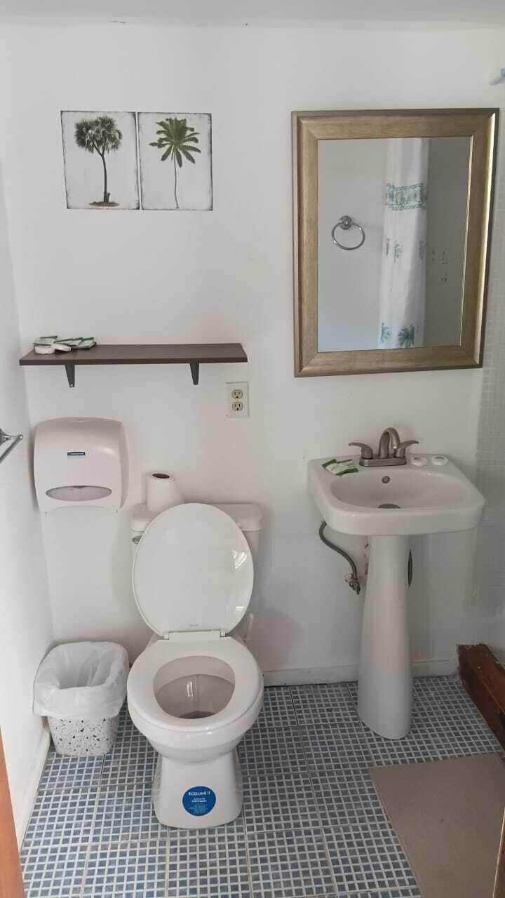 Un baño con inodoro, lavamanos y espejo.