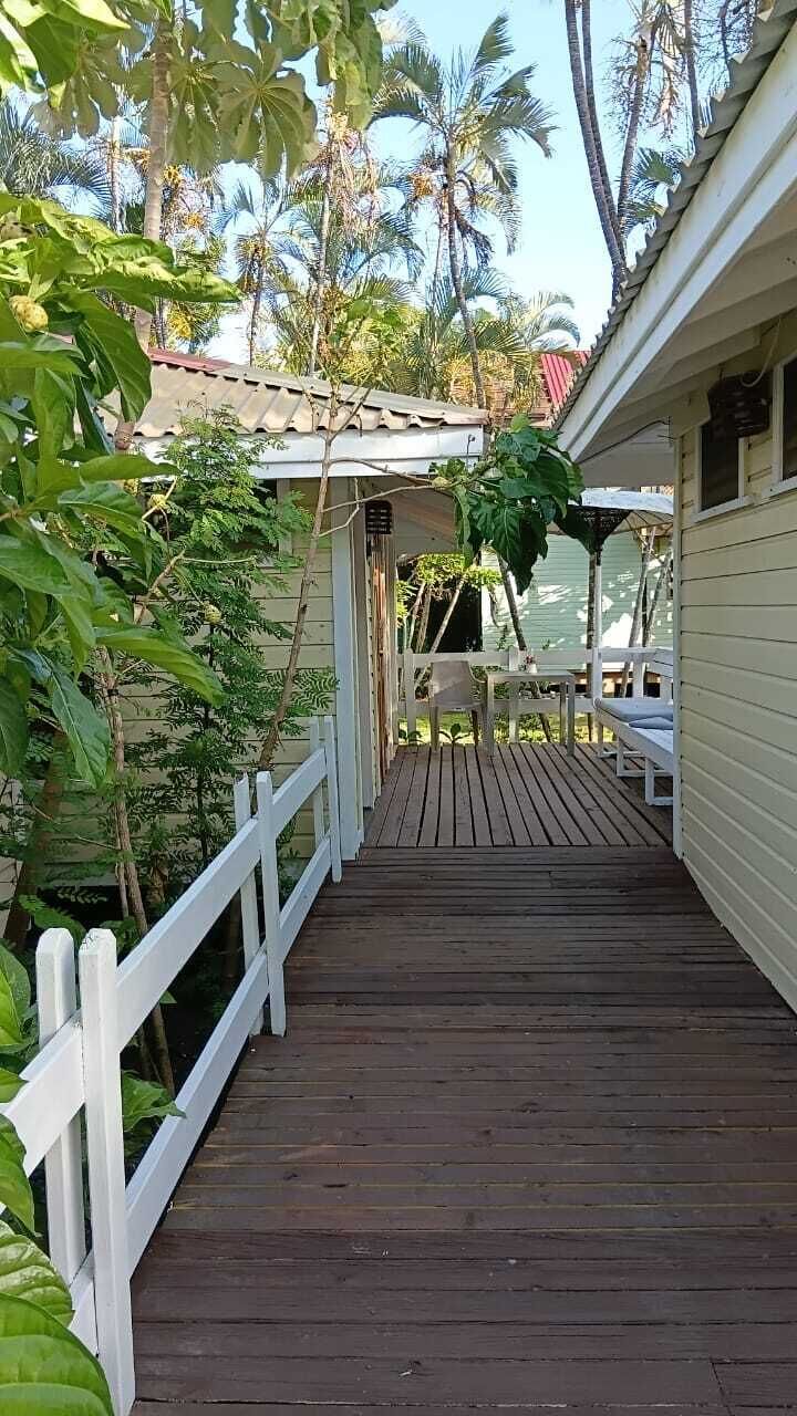 Eine Holzterrasse führt zu einem Gebäude mit weißer Fassade, umgeben von tropischer Vegetation.