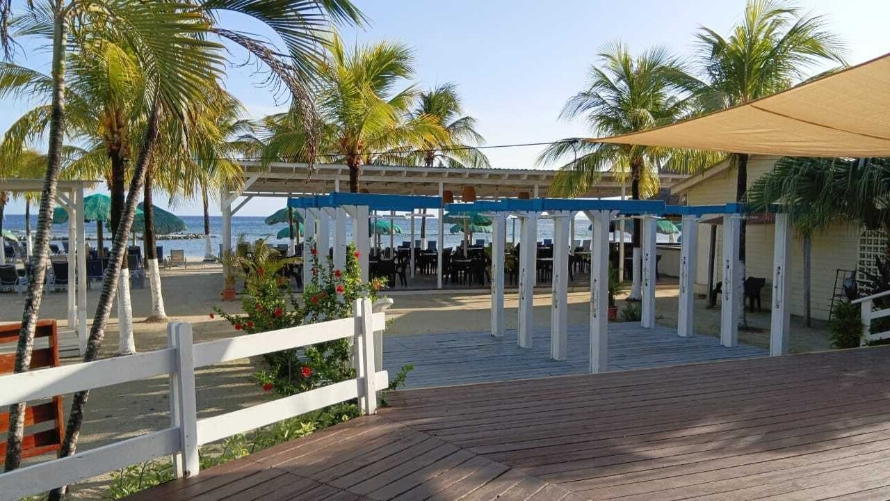 A wooden deck with a white fence, palm trees, and a covered area with tables and chairs.