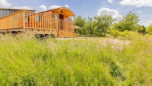 A wooden cabin with a balcony, surrounded by tall grass and trees. - La P'tiote Roulotte - MOUTHIER EN BRESSE (MOUTHIER EN BRESSE)