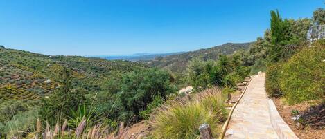 A stone pathway leading through a lush, green landscape with distant hills and a clear blue sky.