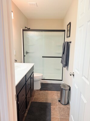 Hair dryer, towels, soap, toilet paper