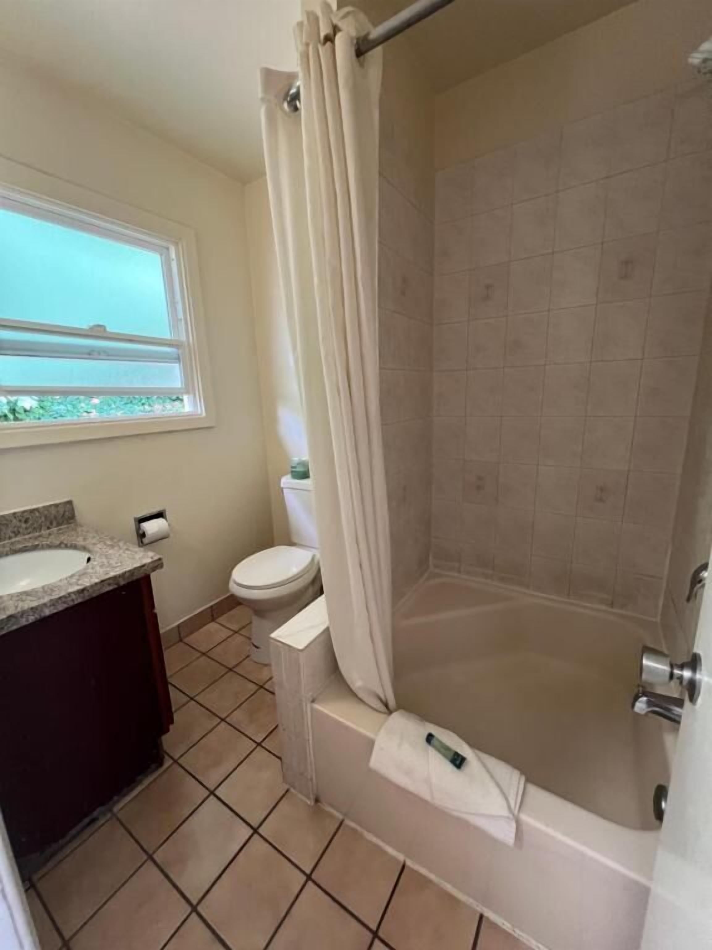 Separate tub and shower, towels, soap, shampoo