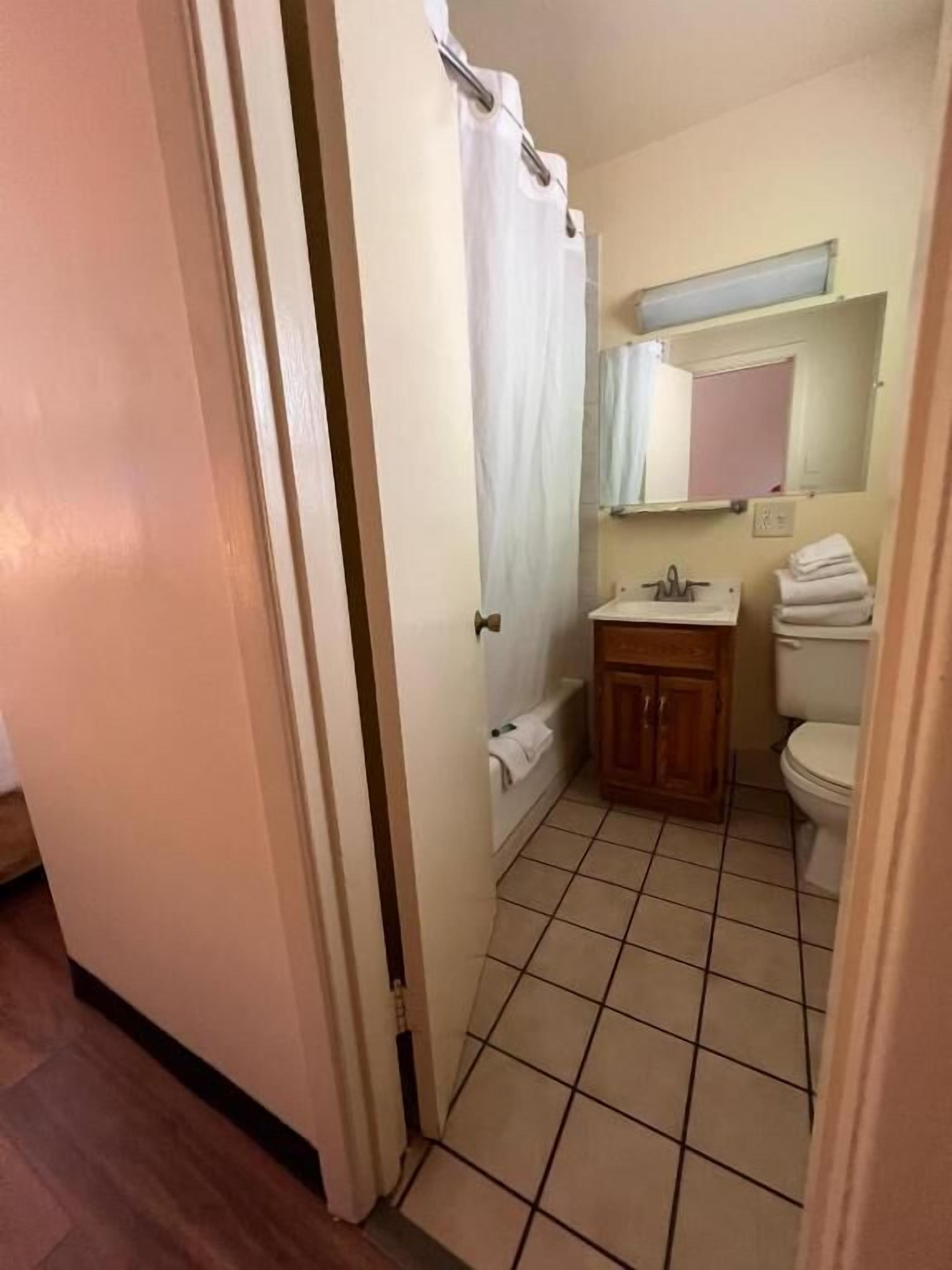 A bathroom with a toilet, sink, and mirror.