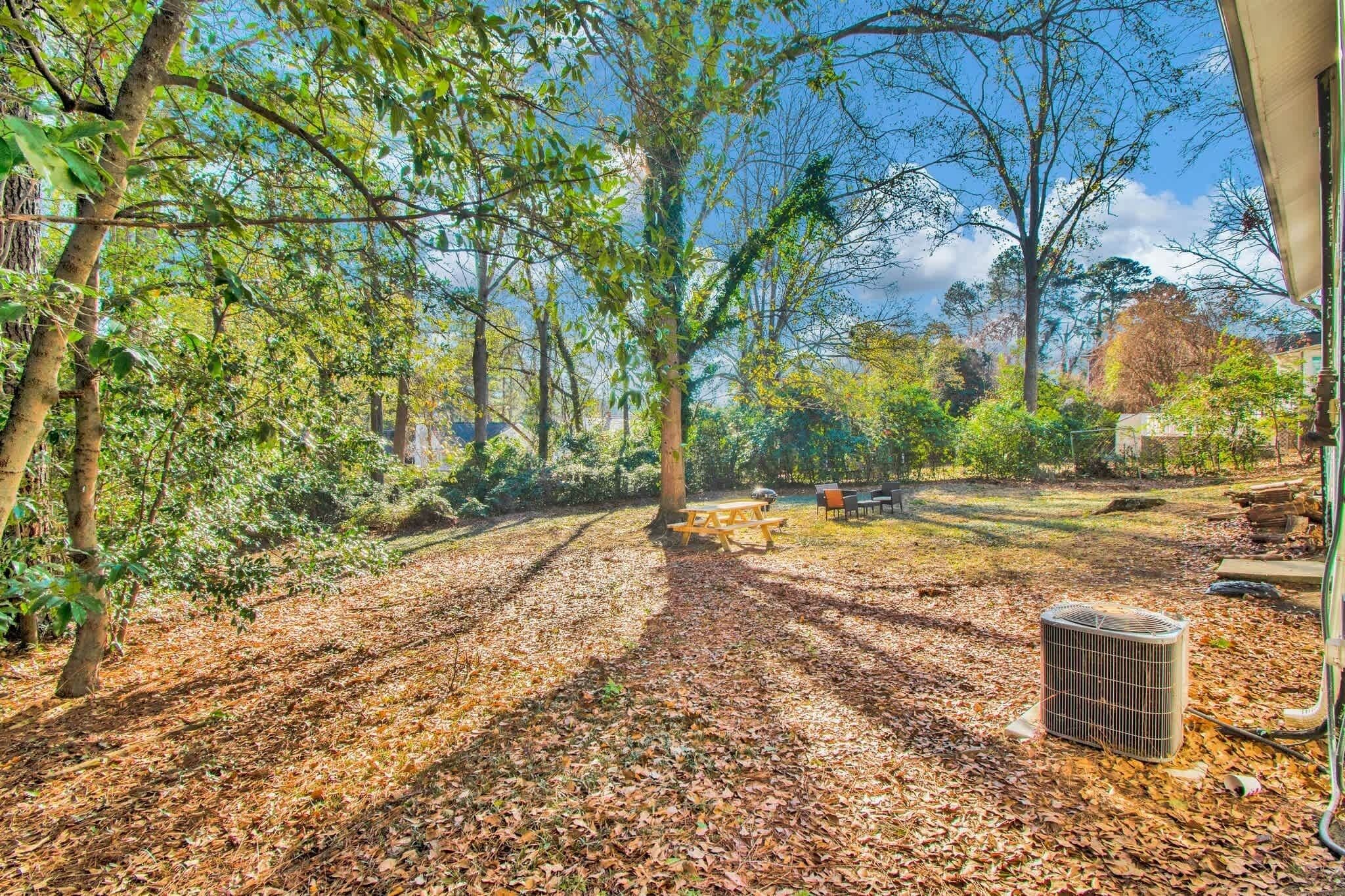 A backyard with a picnic table, a grill, and an air conditioning unit.